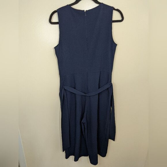 Oasis Jumpsuit Blue Belted Cropped Wide Leg Pockets Size 10 - Picture 2 of 12